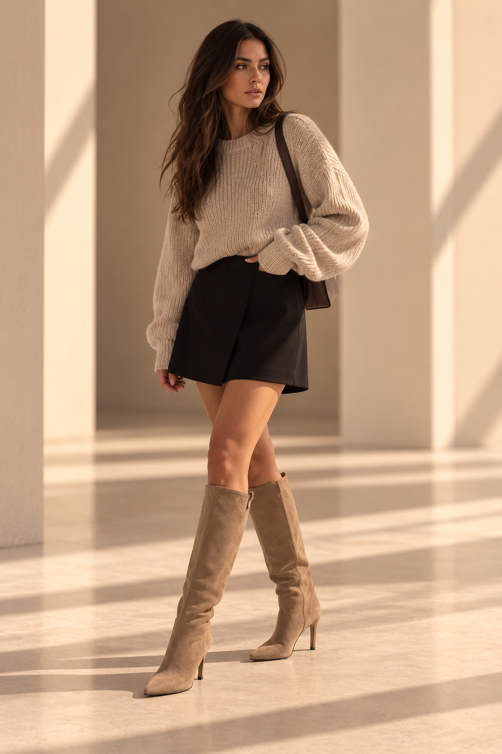 Botas Alessia BY MANAY en beige — modelo luciendo botas altas efecto ante en entorno editorial.