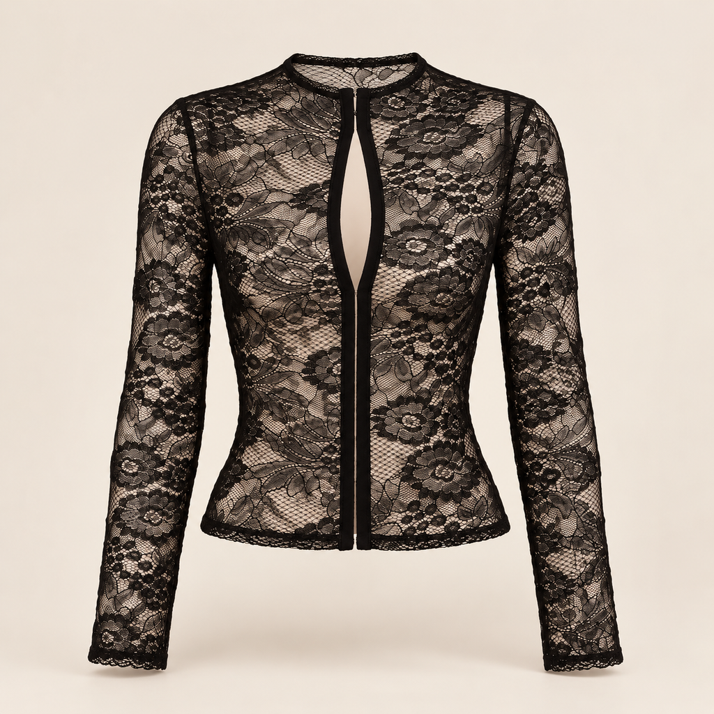 Top de encaje floral negro de manga larga, vista frontal de la prenda sin modelo.