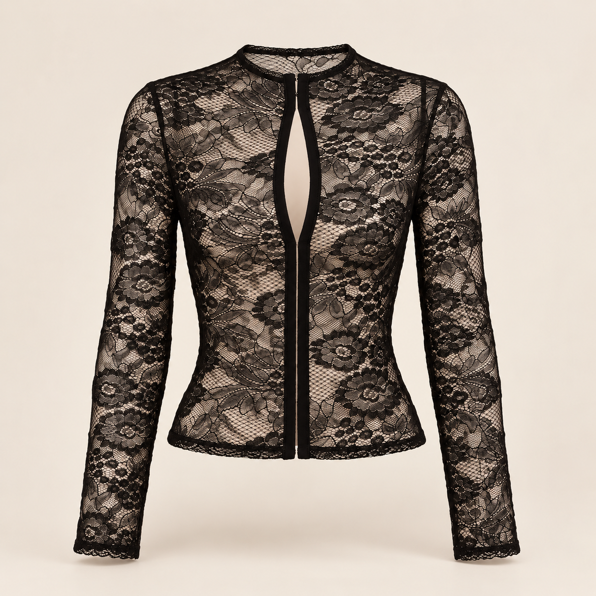 Top de encaje floral negro de manga larga, vista frontal de la prenda sin modelo.