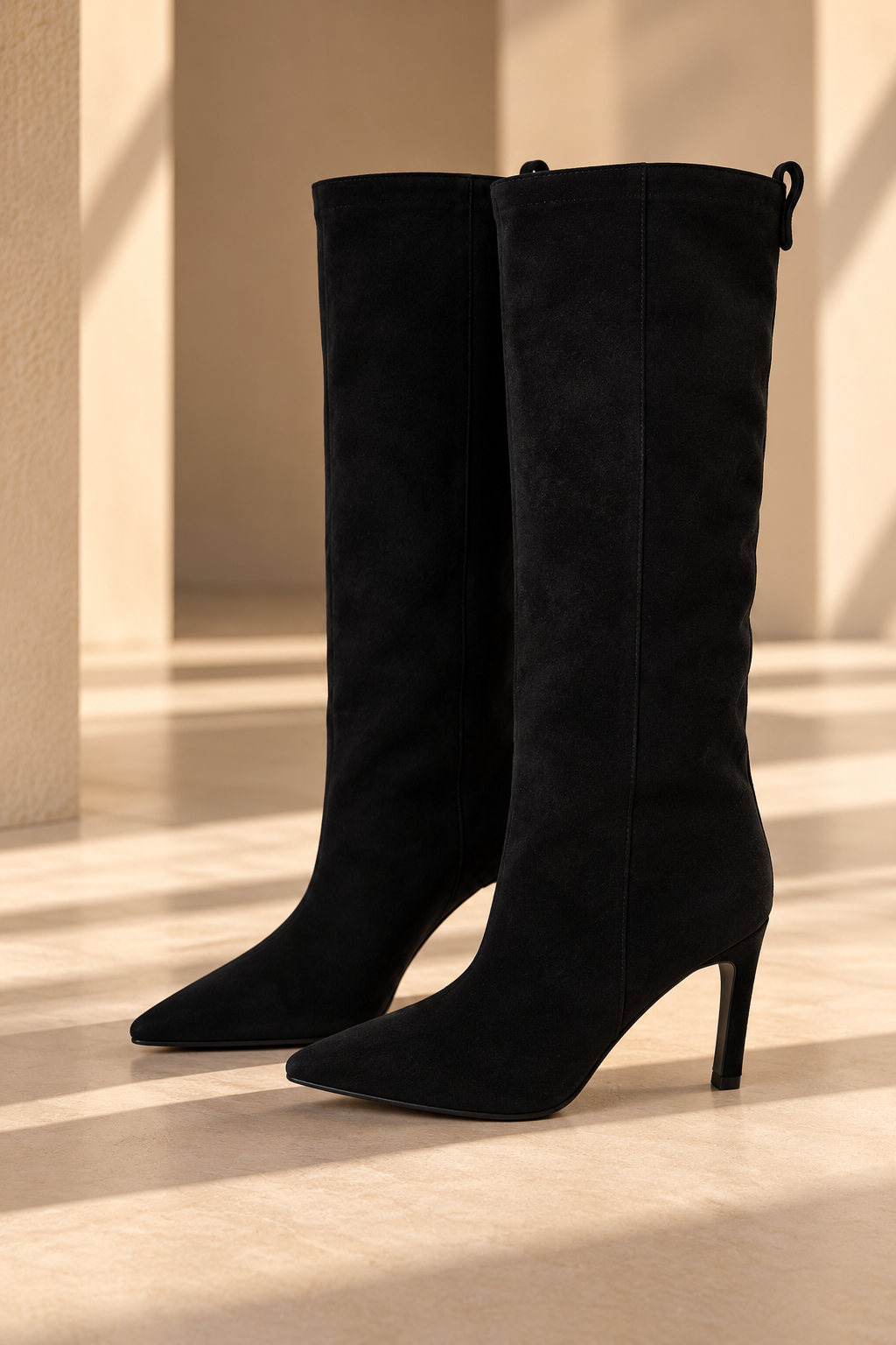 Botas Alessia BY MANAY en negro — botas altas efecto ante, punta fina y tacón estilizado, fotografía del producto sin modelo.