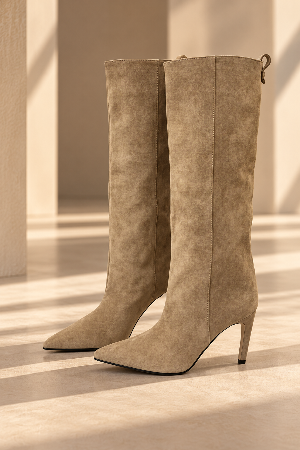 Botas Alessia BY MANAY en beige — botas altas efecto ante, punta fina y tacón estilizado, fotografía del producto sin modelo.