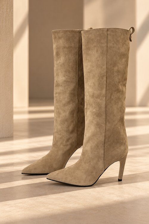 Botas Alessia BY MANAY en beige — botas altas efecto ante, punta fina y tacón estilizado, fotografía del producto sin modelo.
