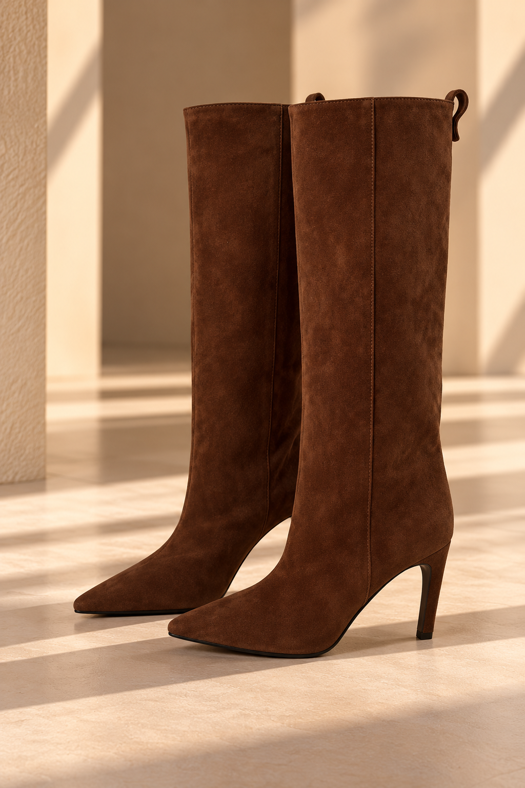 Botas Alessia BY MANAY en marrón — botas altas efecto ante, punta fina y tacón estilizado, fotografía del producto sin modelo.