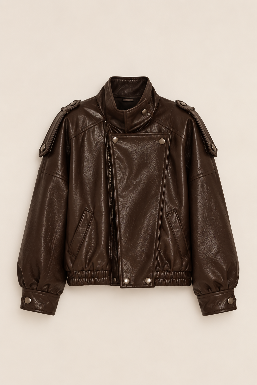 Chaqueta de cuero marrón oscuro BY MANAY, prenda sola sobre fondo neutro.