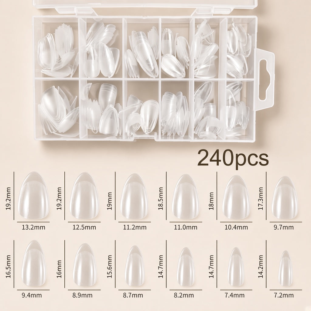 Estuche de tips transparentes forma almond, 240 piezas.
