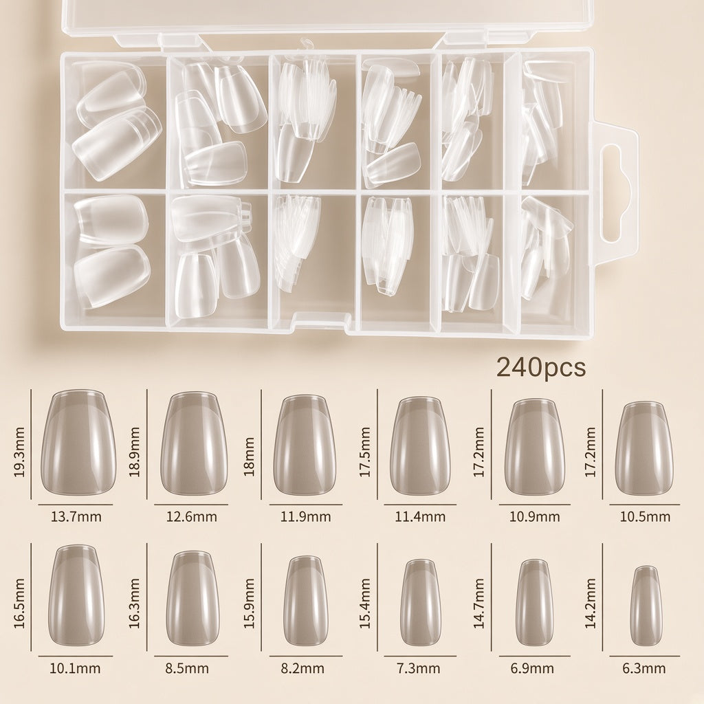 Estuche de tips transparentes forma coffin, 240 piezas.