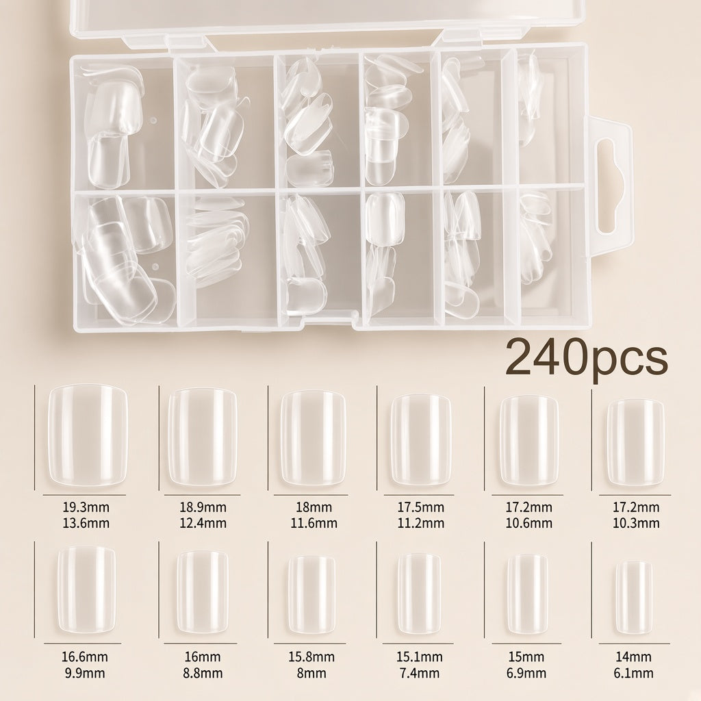 Estuche de tips transparentes forma square, 240 piezas.